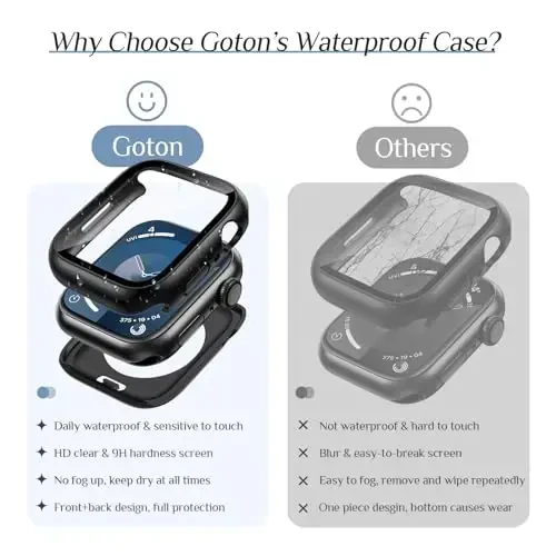 Goton 2 Pack Waterproof Case for Apple Watch Series 9 8 7 Screen Protector 41mm, Tempered Glass Hard PC Shockproof Cover Back Bumper for iWatch - 4