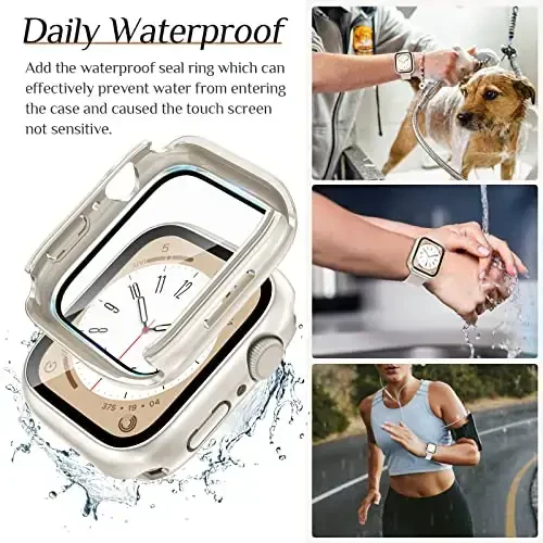 Goton 2 Pack Waterproof Case for Apple Watch Series 9 8 7 Screen Protector 45mm, Tempered Glass Hard PC Shockproof Cover Back Bumper for iWatch - 3