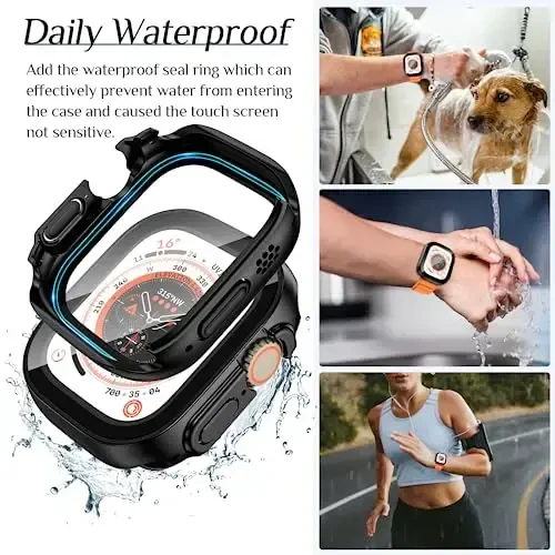 Goton 2 Pack Waterproof Case for Apple Watch Ultra 2 - Ultra1 Screen Protector 49mm, Tempered Glass Hard PC Shockproof Cover Back Bumper for iWatch - 3