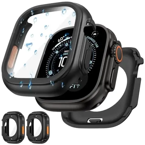 Goton 2 Pack Waterproof Case for Apple Watch Ultra 2 - Ultra1 Screen Protector 49mm, Tempered Glass Hard PC Shockproof Cover Back Bumper for iWatch 