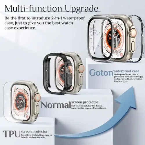 Goton 2 tasiqli Apple Watch Ultra 3/2/1 uchun suv o'tkazmaydigan g'ilof, 49 mm ekran himoyachisi, 360 himoya oynali yuz qopqog'i qattiq kompyuter bamperi + iWatch Ultra aksessuarlari uchun orqa ramka 49 mm, shaffof - 2