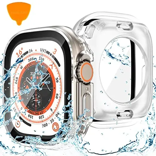 Goton 2 tasiqli Apple Watch Ultra 3/2/1 uchun suv o'tkazmaydigan g'ilof, 49 mm ekran himoyachisi, 360 himoya oynali yuz qopqog'i qattiq kompyuter bamperi + iWatch Ultra aksessuarlari uchun orqa ramka 49 mm, shaffof - GOTON