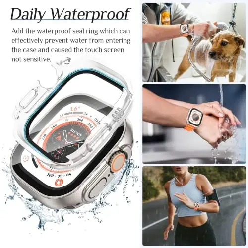 Goton 2 tasiqli Apple Watch Ultra 3/2/1 uchun suv o'tkazmaydigan g'ilof, 49 mm ekran himoyachisi, 360 himoya oynali yuz qopqog'i qattiq kompyuter bamperi + iWatch Ultra aksessuarlari uchun orqa ramka 49 mm, shaffof - 3