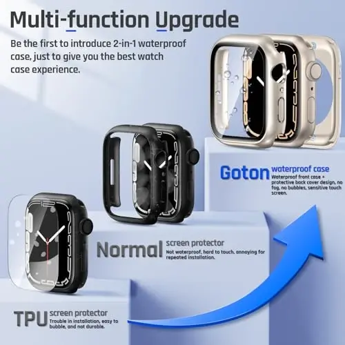 Goton 2 Pack Waterproof Case for Apple Watch Series 9 8 7 Screen Protector 45mm, Tempered Glass Hard PC Shockproof Cover Back Bumper for iWatch - 2