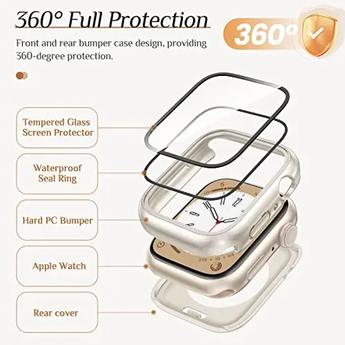 Goton 2 Pack Waterproof Case for Apple Watch Series 9 8 7 Screen Protector 45mm, Tempered Glass Hard PC Shockproof Cover Back Bumper for iWatch - 5