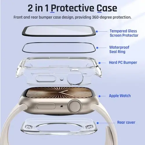 Goton 2 in 1 Waterproof Case Compatible for Apple Watch Series 11/10 Screen Protector 46mm, 360 Protective Glass Face Cover Hard PC Bumper + Back Frame for iWatch Accessories 46 mm - 5