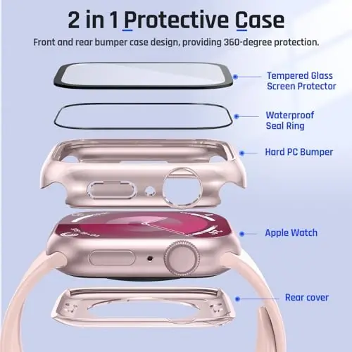Goton 2 in 1 Waterproof Case for Apple Watch Series 9 8 7 Screen Protector 41mm, 360 Protective Glass Face Cover Hard PC Bumper + Back Frame for iWatch Accessories 41 mm - 5