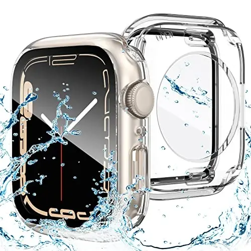 Goton 2 in 1 Waterproof Case for Apple Watch Series 9 8 7 Screen Protector 45mm, 360 Protective Glass Face Cover Hard PC Bumper + Back Frame for iWatch Accessories 45 mm - 1