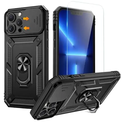 Goton Compatible for iPhone 13 Pro Max Case with Screen Protector - Slide Camera Protective Phone Cover with Ring Stand, Heavy Duty Shockproof Rugged Bumper for 13 ProMax Accessories Black - 1