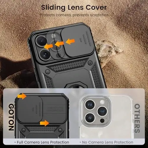 Goton Compatible for iPhone 13 Pro Max Case with Screen Protector - Slide Camera Protective Phone Cover with Ring Stand, Heavy Duty Shockproof Rugged Bumper for 13 ProMax Accessories Black - 3