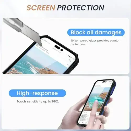 Goton Compatible for iPhone 14 Pro Case with Screen Protector - Slide Camera Protective Phone Cover with Ring Stand, Heavy Duty Shockproof Rugged Bumper for 14 Pro Accessories Blue - 3