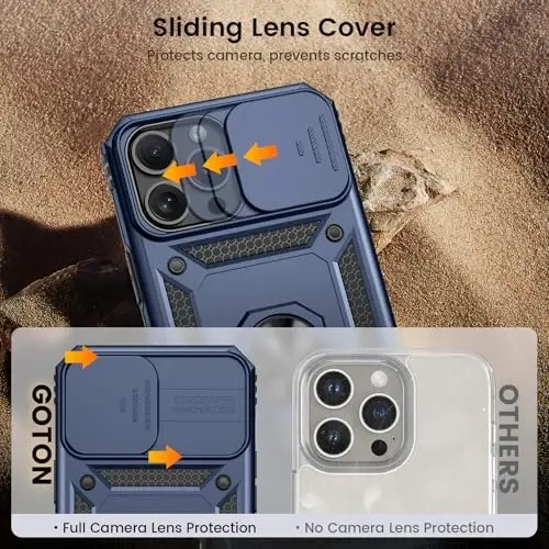Goton Compatible for iPhone 14 Pro Case with Screen Protector - Slide Camera Protective Phone Cover with Ring Stand, Heavy Duty Shockproof Rugged Bumper for 14 Pro Accessories Blue - 3
