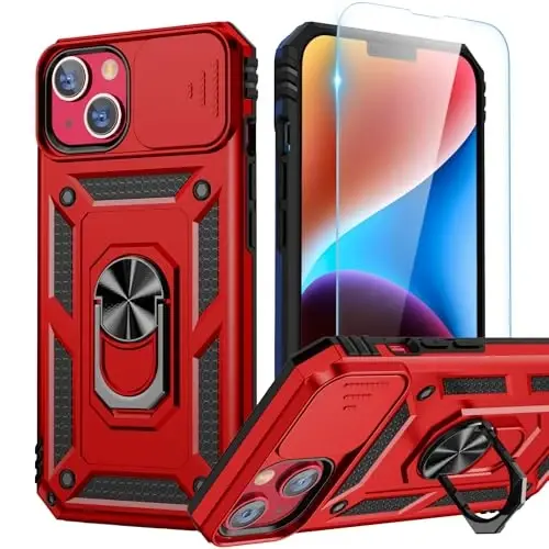 Goton Compatible for iPhone 14/13 Case with Screen Protector - Slide Camera Protective Phone Cover with Ring Stand, Heavy Duty Shockproof Rugged Bumper for iPhone14 iPhone13 Accessories Red - 1