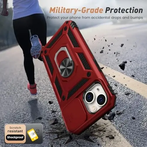 Goton Compatible for iPhone 14/13 Case with Screen Protector - Slide Camera Protective Phone Cover with Ring Stand, Heavy Duty Shockproof Rugged Bumper for iPhone14 iPhone13 Accessories Red - 4