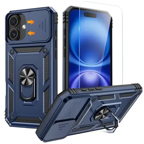 Goton Compatible for iPhone 16 Plus Case with Screen Protector - Slide Camera Cover Protective Phone Case with Ring Stand, Heavy Duty Shockproof Rugged Bumper for iPhone 16 Plus Accessories Blue 