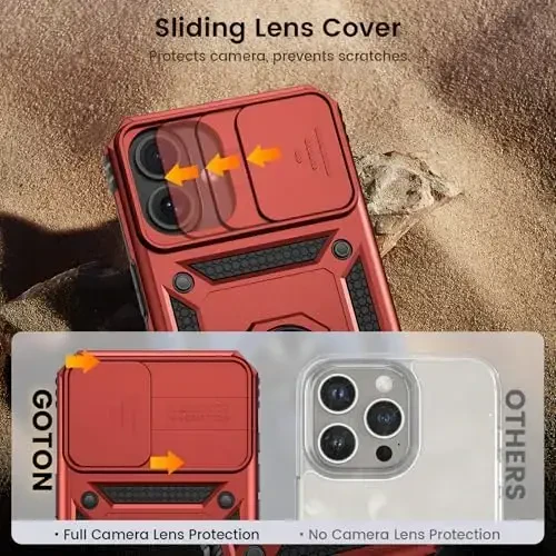 Goton Compatible for iPhone 16 Plus Case with Screen Protector - Slide Camera Cover Protective Phone Case with Ring Stand, Heavy Duty Shockproof Rugged Bumper for iPhone 16 Plus Accessories Red - 6