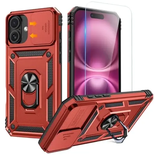 Goton Compatible for iPhone 16 Plus Case with Screen Protector - Slide Camera Cover Protective Phone Case with Ring Stand, Heavy Duty Shockproof Rugged Bumper for iPhone 16 Plus Accessories Red 