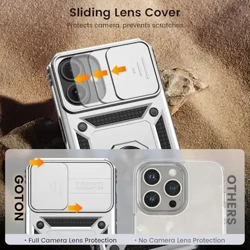 Goton Compatible for iPhone 16 Plus Case with Screen Protector - Slide Camera Cover Protective Phone Case with Ring Stand, Heavy Duty Shockproof Rugged Bumper for iPhone 16 Plus Accessories Silver - 4
