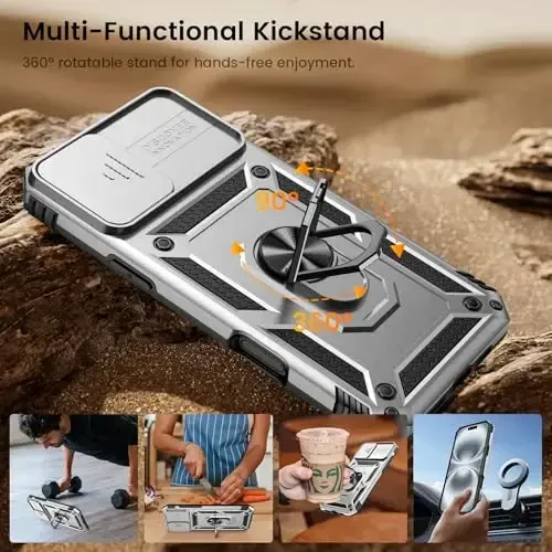 Goton Compatible for iPhone 16 Plus Case with Screen Protector - Slide Camera Cover Protective Phone Case with Ring Stand, Heavy Duty Shockproof Rugged Bumper for iPhone 16 Plus Accessories Silver - 6