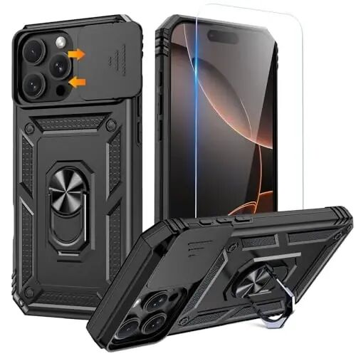 Goton Compatible for iPhone 16 Pro Case with Screen Protector - Slide Camera Cover Protective Phone Case with Ring Stand, Heavy Duty Shockproof Rugged Bumper for iPhone 16 Pro Accessories Black - GOTON