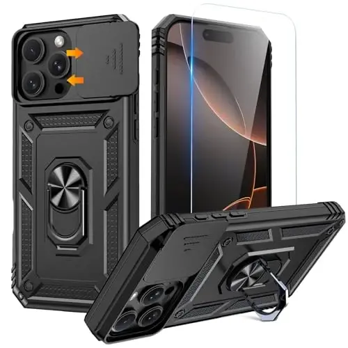 Goton Compatible for iPhone 16 Pro Case with Screen Protector - Slide Camera Cover Protective Phone Case with Ring Stand, Heavy Duty Shockproof Rugged Bumper for iPhone 16 Pro Accessories Black - 1