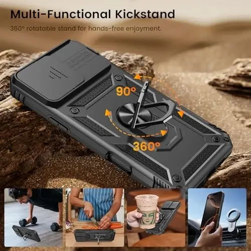 Goton Compatible for iPhone 16 Pro Case with Screen Protector - Slide Camera Cover Protective Phone Case with Ring Stand, Heavy Duty Shockproof Rugged Bumper for iPhone 16 Pro Accessories Black - 5