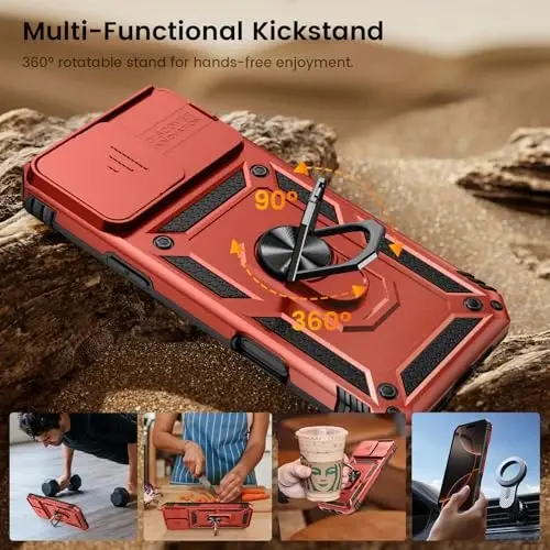 Goton Compatible for iPhone 16 Pro Case with Screen Protector - Slide Camera Cover Protective Phone Case with Ring Stand, Heavy Duty Shockproof Rugged Bumper for iPhone 16 Pro Accessories Red - 5