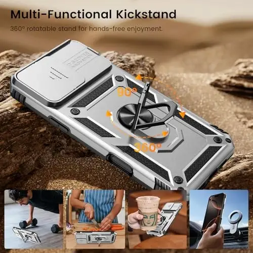 Goton Compatible for iPhone 16 Pro Case with Screen Protector - Slide Camera Cover Protective Phone Case with Ring Stand, Heavy Duty Shockproof Rugged Bumper for iPhone 16 Pro Accessories Silver - 5