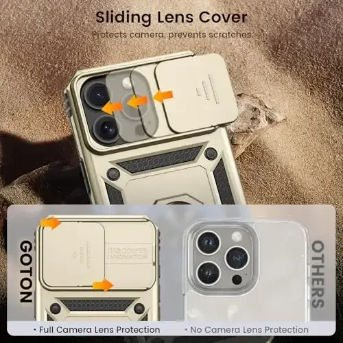 Goton Compatible for iPhone 16 Pro Max Case with Screen Protector - Slide Camera Cover Protective Phone Case with Ring Stand, Heavy Duty Shockproof Rugged Bumper for iPhone 16 Promax Accessories Gold - 6