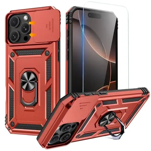 Goton Compatible for iPhone 16 Pro Max Case with Screen Protector - Slide Camera Cover Protective Phone Case with Ring Stand, Heavy Duty Shockproof Rugged Bumper for iPhone 16 Promax Accessories Red - GOTON