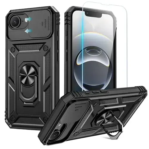 Goton Compatible for iPhone 16e Case with Screen Protector - Slide Camera Cover Protective Phone Case with Ring Stand, Heavy Duty Shockproof Rugged Bumper for iPhone 16e Accessories Black 