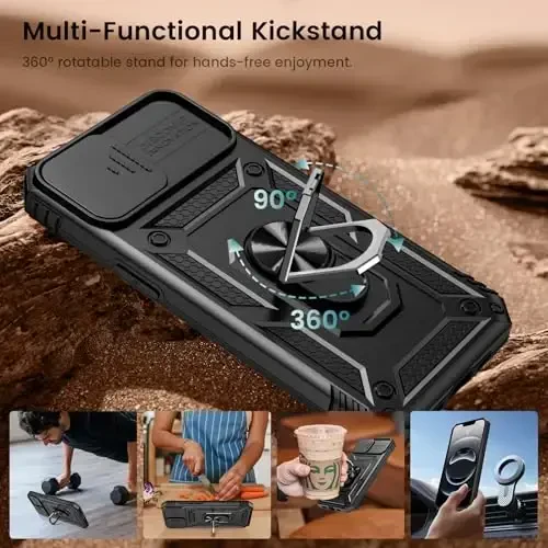 Goton Compatible for iPhone 16e Case with Screen Protector - Slide Camera Cover Protective Phone Case with Ring Stand, Heavy Duty Shockproof Rugged Bumper for iPhone 16e Accessories Black - 6