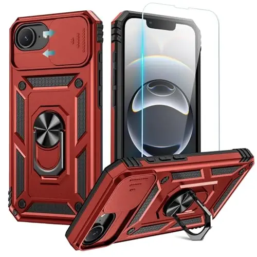 Goton Compatible for iPhone 17e/16e Case with Screen Protector - Slide Camera Cover Protective Phone Case with Ring Stand, Heavy Duty Shockproof Rugged Bumper for iPhone 17 e Accessories Red - GOTON