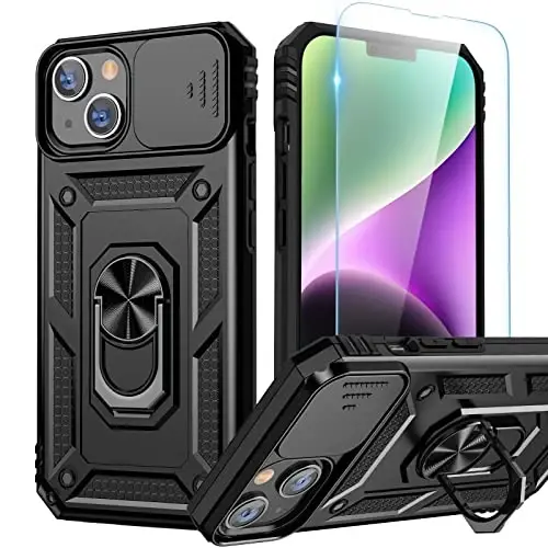 Goton for iPhone 14 Plus Case with Screen Protector - Slide Camera Cover Phone Case with Ring Stand, Heavy Duty Military Grade Shockproof Rugged Bumper for iPhone 14 Plus Accessories Black - GOTON