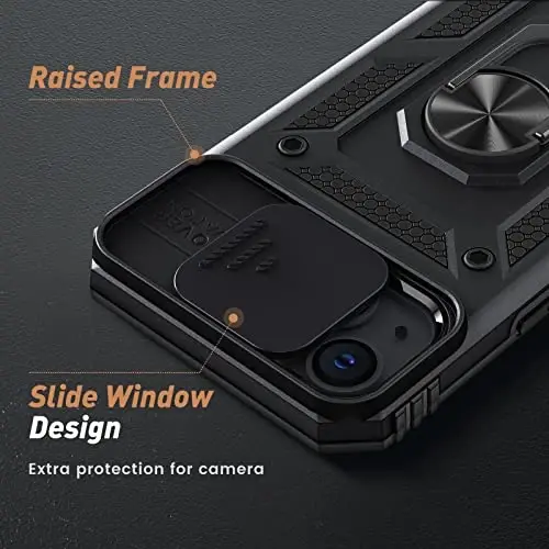 Goton for iPhone 14 Plus Case with Screen Protector - Slide Camera Cover Phone Case with Ring Stand, Heavy Duty Military Grade Shockproof Rugged Bumper for iPhone 14 Plus Accessories Black - 3