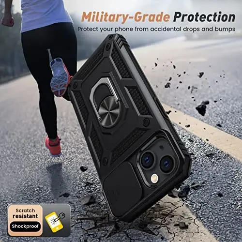 Goton for iPhone 14 Plus Case with Screen Protector - Slide Camera Cover Phone Case with Ring Stand, Heavy Duty Military Grade Shockproof Rugged Bumper for iPhone 14 Plus Accessories Black - 5