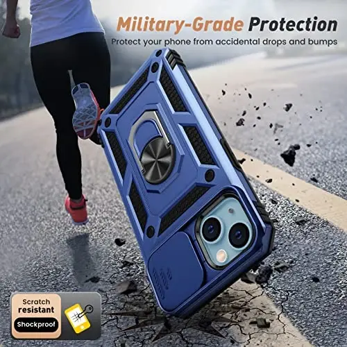 Goton for iPhone 14 Plus Case with Screen Protector - Slide Camera Cover Phone Case with Ring Stand, Heavy Duty Military Grade Shockproof Rugged Bumper for iPhone 14 Plus Accessories Blue - 5