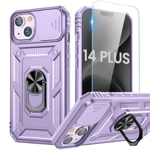 Goton for iPhone 14 Plus Case with Screen Protector - Slide Camera Cover Phone Case with Ring Stand, Heavy Duty Military Grade Shockproof Rugged Bumper for iPhone 14 Plus Accessories Purple - GOTON