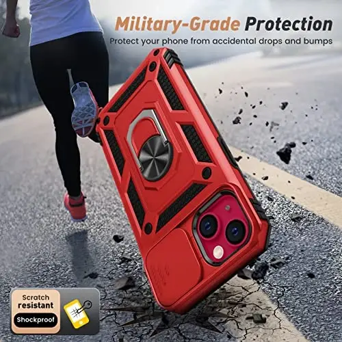 Goton for iPhone 14 Plus Case with Screen Protector - Slide Camera Cover Phone Case with Ring Stand, Heavy Duty Military Grade Shockproof Rugged Bumper for iPhone 14 Plus Accessories Red - 5