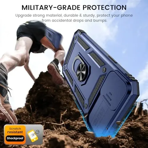 Goton for iPhone 15 Plus Case with Screen Protector - Slide Camera Cover Protective Phone Case with Ring Stand, Heavy Duty Shockproof Rugged Bumper for iPhone 15 Plus Accessories Blue - 5