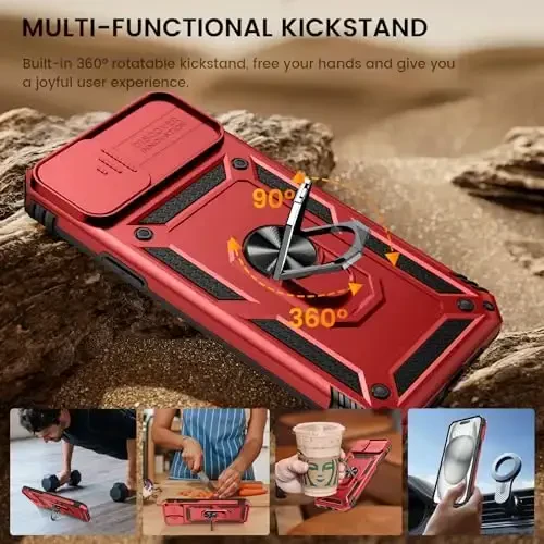 Goton for iPhone 15 Plus Case with Screen Protector - Slide Camera Cover Protective Phone Case with Ring Stand, Heavy Duty Shockproof Rugged Bumper for iPhone 15 Plus Accessories Red - 4