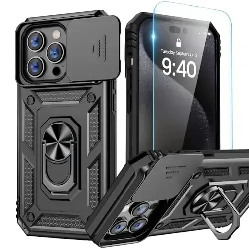Goton for iPhone 15 Pro Max Case with Screen Protector - Slide Camera Cover Protective Phone Case with Ring Stand, Heavy Duty Shockproof Rugged Bumper for iPhone 15 Promax Accessories Black 