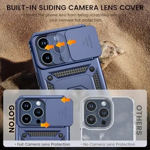 Goton for iPhone 15 Pro Max Case with Screen Protector - Slide Camera Cover Protective Phone Case with Ring Stand, Heavy Duty Shockproof Rugged Bumper for iPhone 15 Promax Accessories Blue - 3