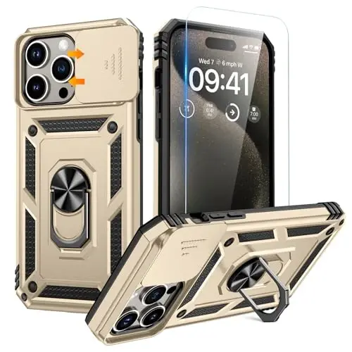 Goton for iPhone 15 Pro Max Case with Screen Protector - Slide Camera Cover Protective Phone Case with Ring Stand, Heavy Duty Shockproof Rugged Bumper for iPhone 15 Promax Accessories Gold 