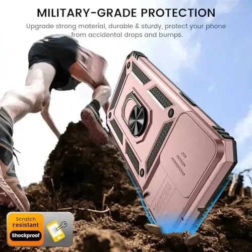 Goton for iPhone 15 Pro Max Case with Screen Protector - Slide Camera Cover Protective Phone Case with Ring Stand, Heavy Duty Shockproof Rugged Bumper for iPhone 15 Promax Accessories Rose Gold - 5
