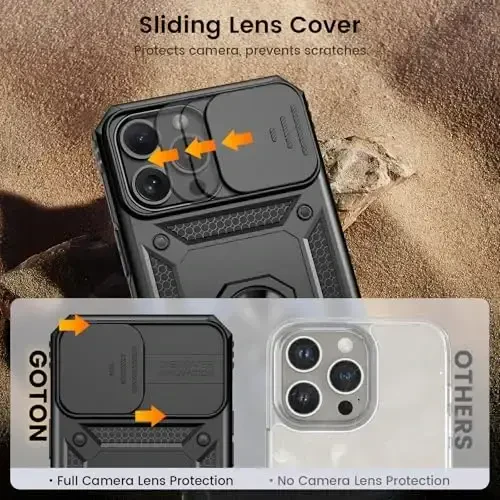 Goton Compatible for iPhone 13 Pro Max Case with Screen Protector - Slide Camera Protective Phone Cover with Ring Stand, Heavy Duty Shockproof Rugged Bumper for 13 ProMax Accessories Black - 3