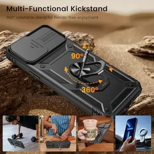 Goton Compatible for iPhone 13 Pro Max Case with Screen Protector - Slide Camera Protective Phone Cover with Ring Stand, Heavy Duty Shockproof Rugged Bumper for 13 ProMax Accessories Black - 6