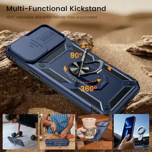 Goton Compatible for iPhone 13 Pro Max Case with Screen Protector - Slide Camera Protective Phone Cover with Ring Stand, Heavy Duty Shockproof Rugged Bumper for 13 ProMax Accessories Blue - 6