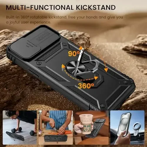 Goton iPhone 15 Plus uchun ekran himoyachisi bilan g'ilof - Slaydli kamera qopqog'i, halqali tirgakli himoya telefon g'ilofi, iPhone 15 Plus aksessuarlari uchun zarbaga chidamli mustahkam bamper, qora - 4