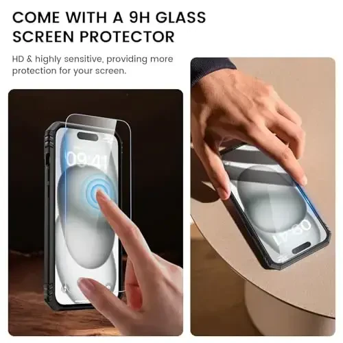 Goton iPhone 15 Plus uchun ekran himoyachisi bilan g'ilof - Slaydli kamera qopqog'i, halqali tirgakli himoya telefon g'ilofi, iPhone 15 Plus aksessuarlari uchun zarbaga chidamli mustahkam bamper, qora - 6